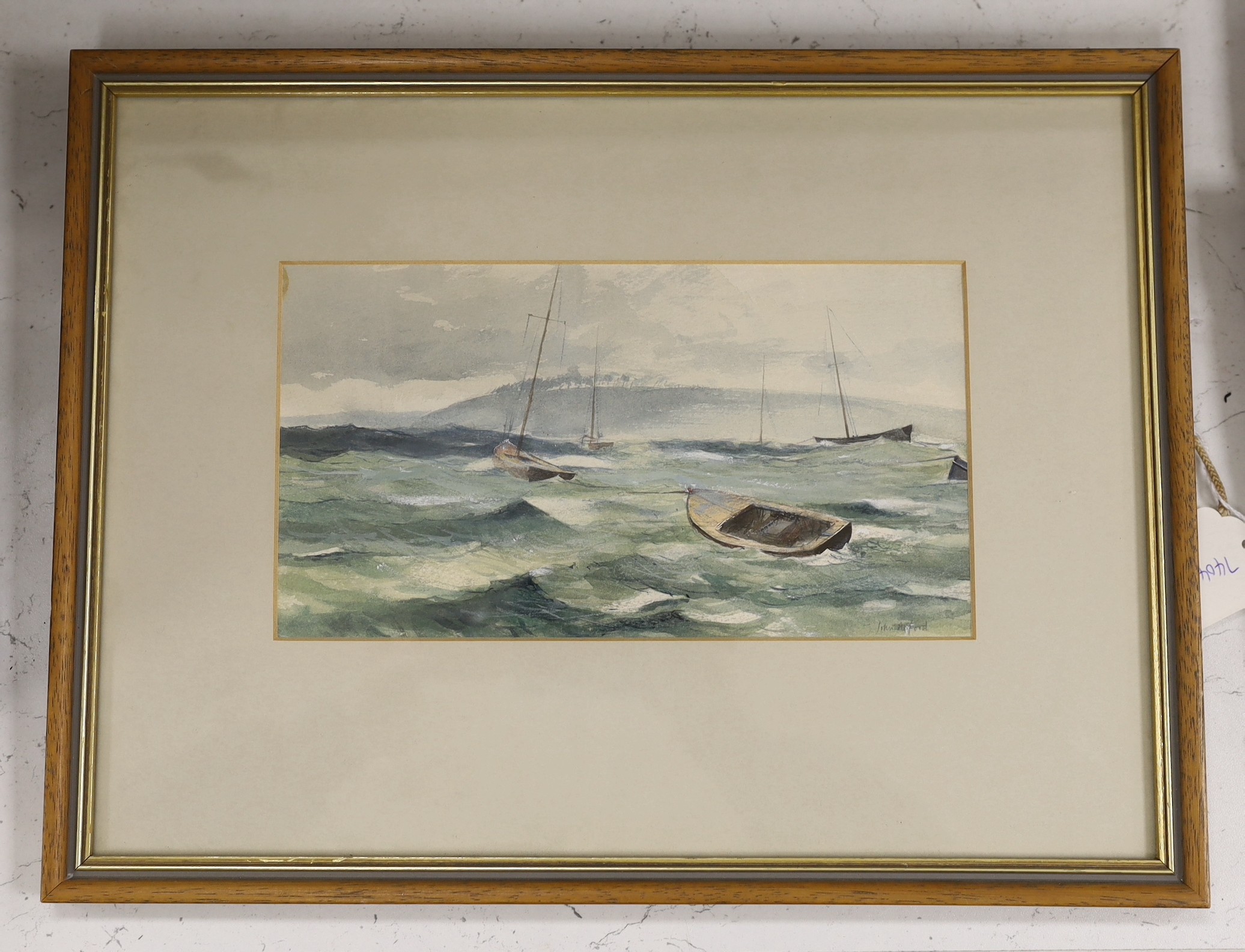 John Alford (b.1929), watercolour, Yacht moored in a rough sea, signed, 13 x 24cm